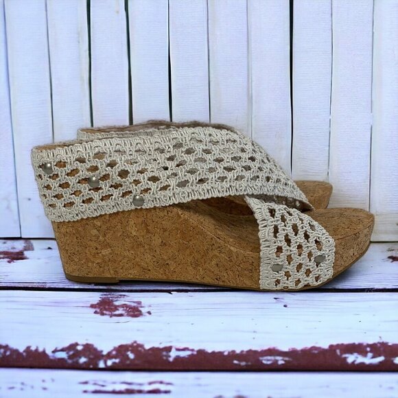 Lucky Brand Miller II Crochet Lace Wedges White Fabric Cork Platform Size 10 - Picture 2 of 8